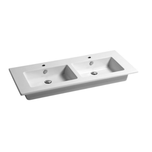 Lavabo consolle sospeso/appoggio 121x51 rettangolare due fori doppia vasca in ceramica bianco lucido